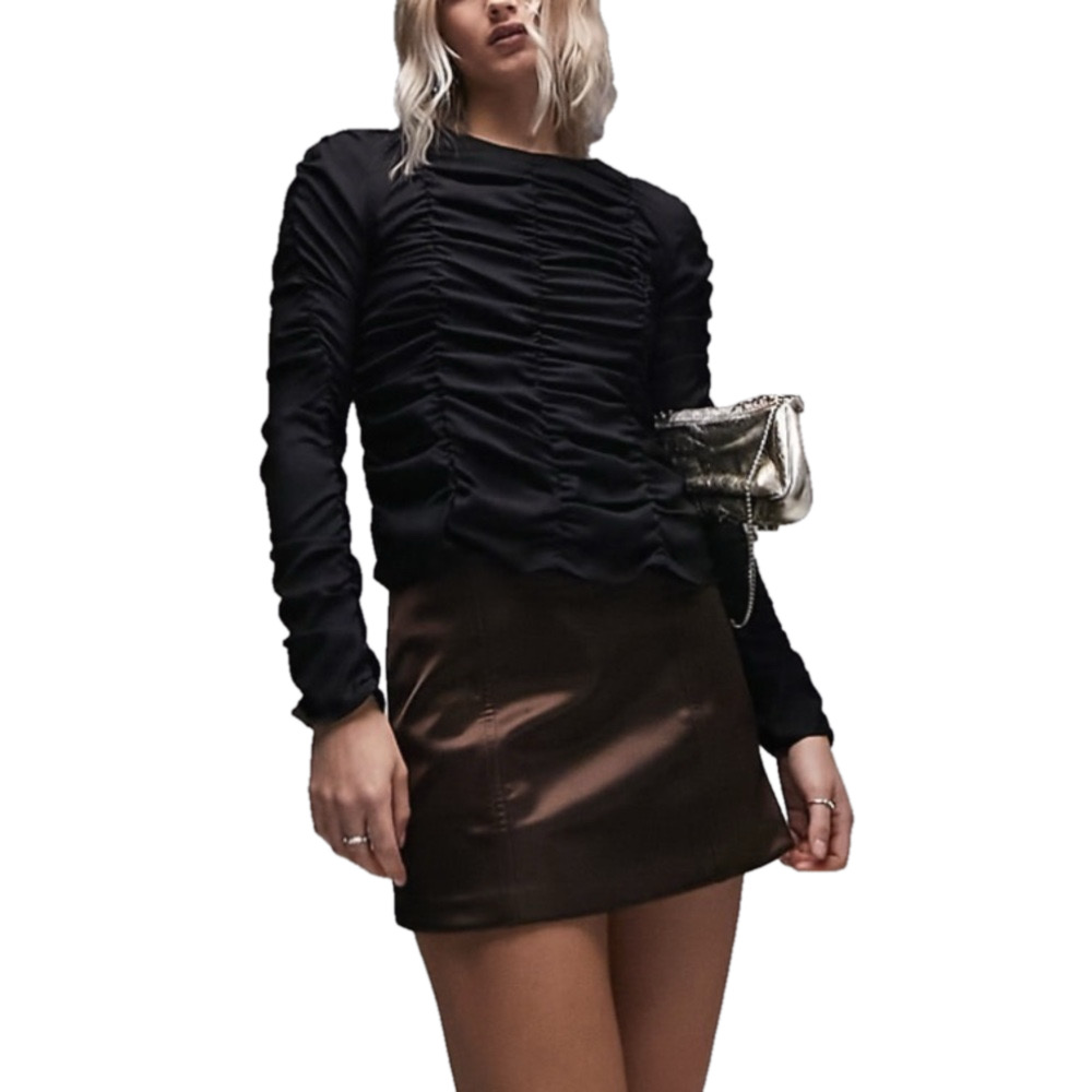 TOPSHOP ruched long sleeve shirred top in black Women’s Size 6 black crop NWT